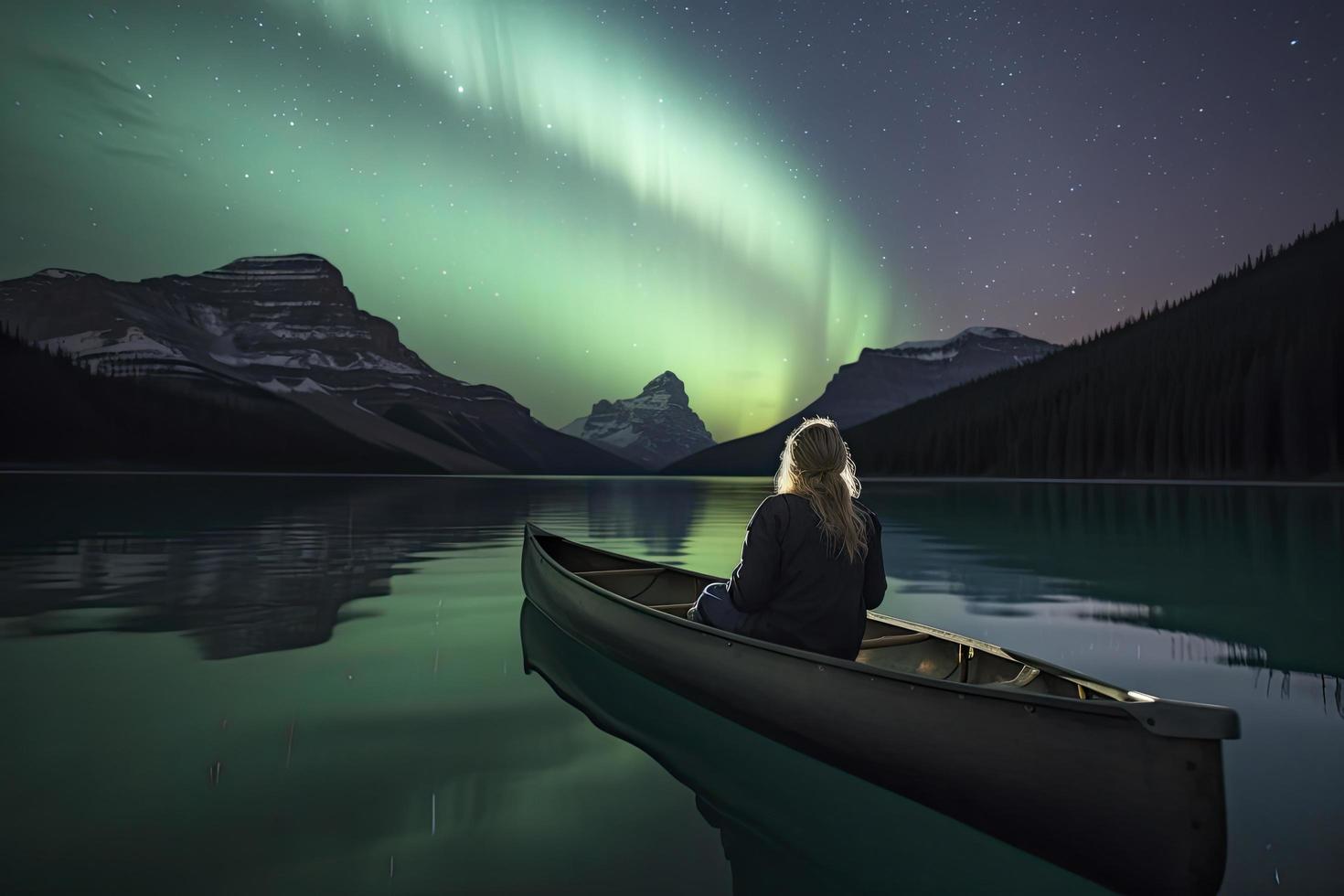 Traveler woman sitting on canoe with aurora borealis over Spirit Island in Maligne lake at Jasper national park, Alberta, Canada photo