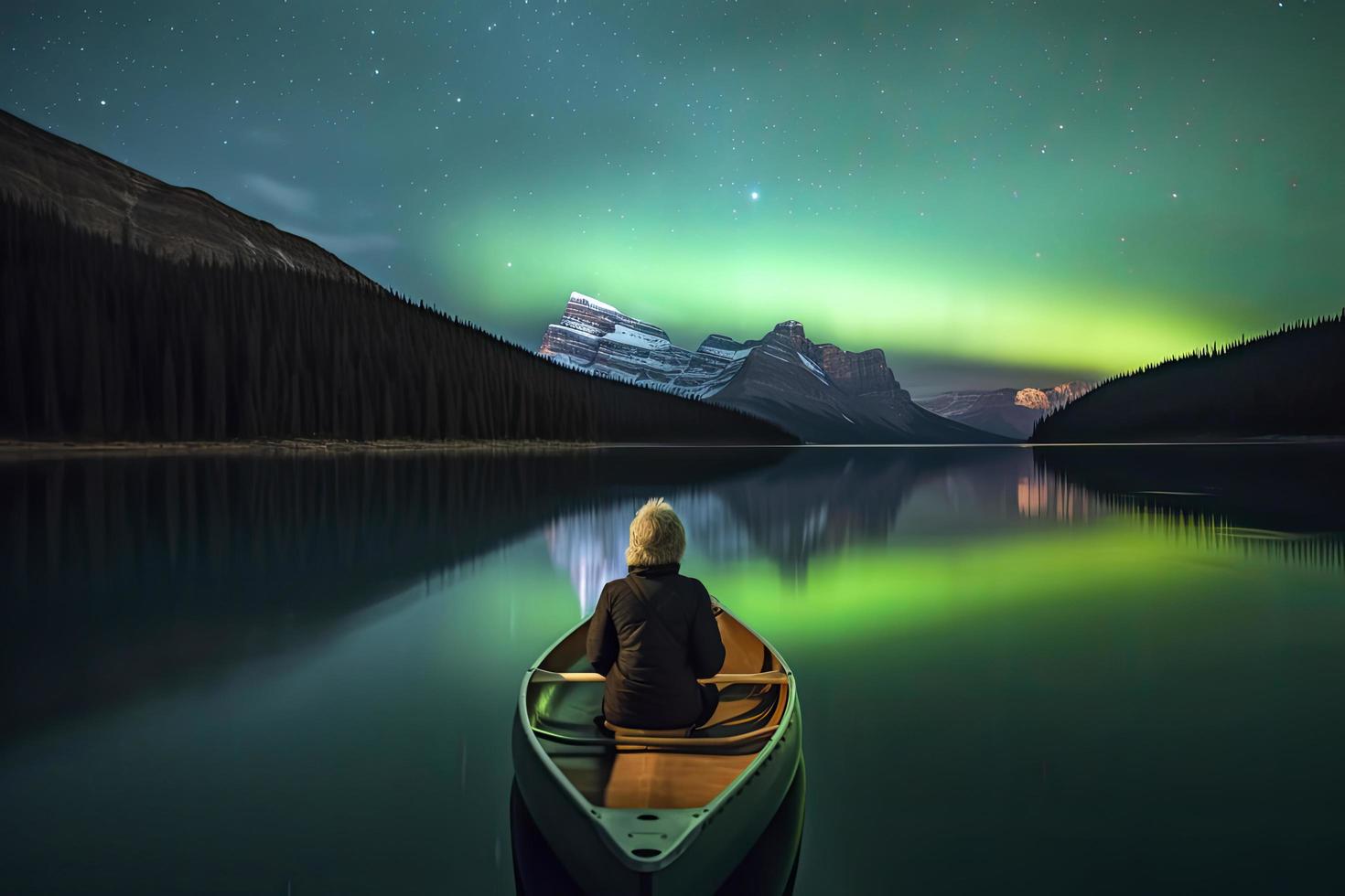 Traveler woman sitting on canoe with aurora borealis over Spirit Island in Maligne lake at Jasper national park, Alberta, Canada photo