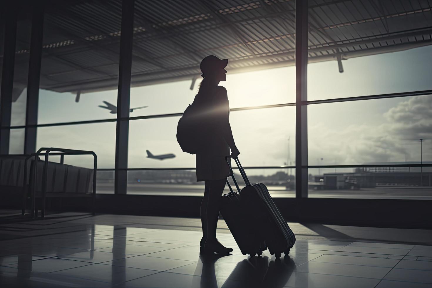 travel concept, people in the airports ,Silhouette of young girl with luggage walking at airport, women showing something through the window,selective focus,vintage tone color photo