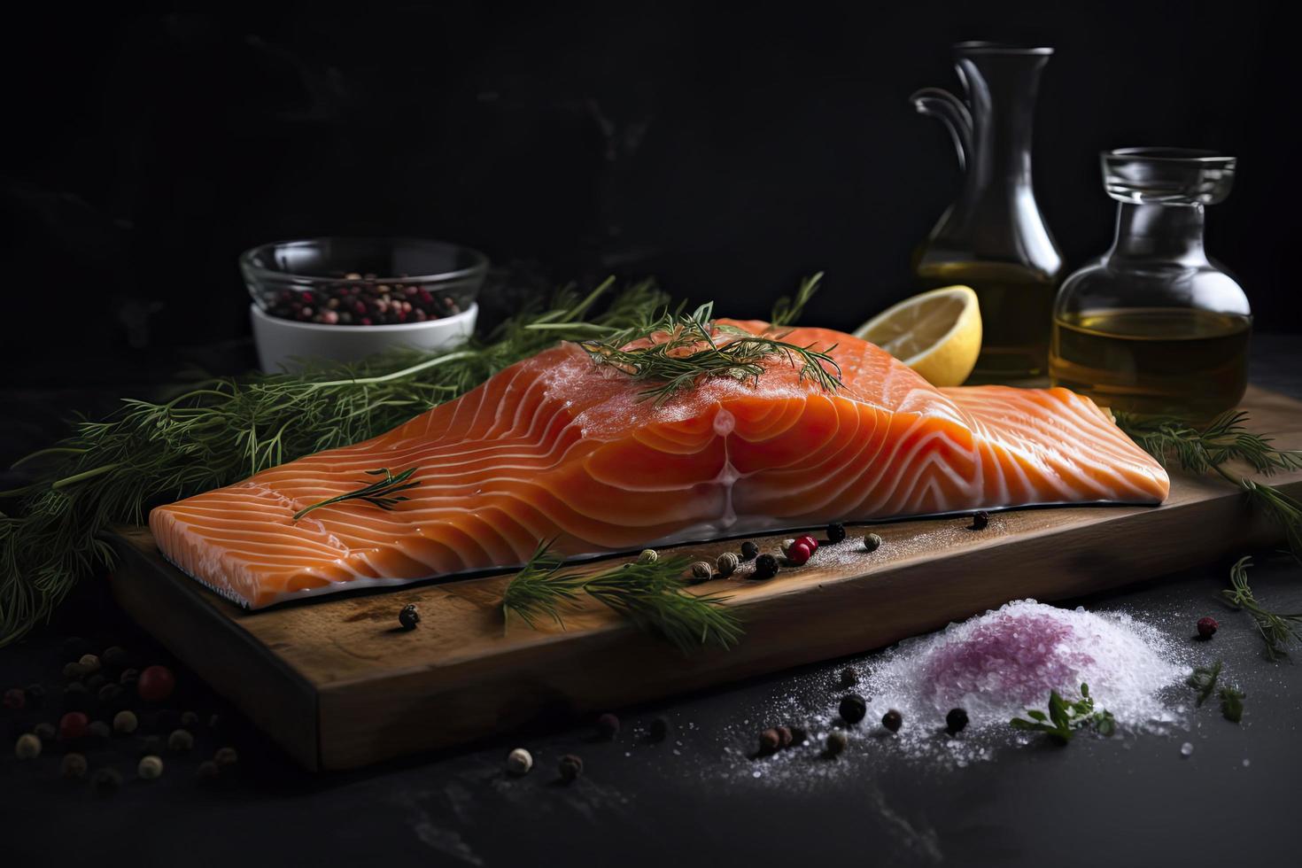 Salmon fish with ingredients at black table photo