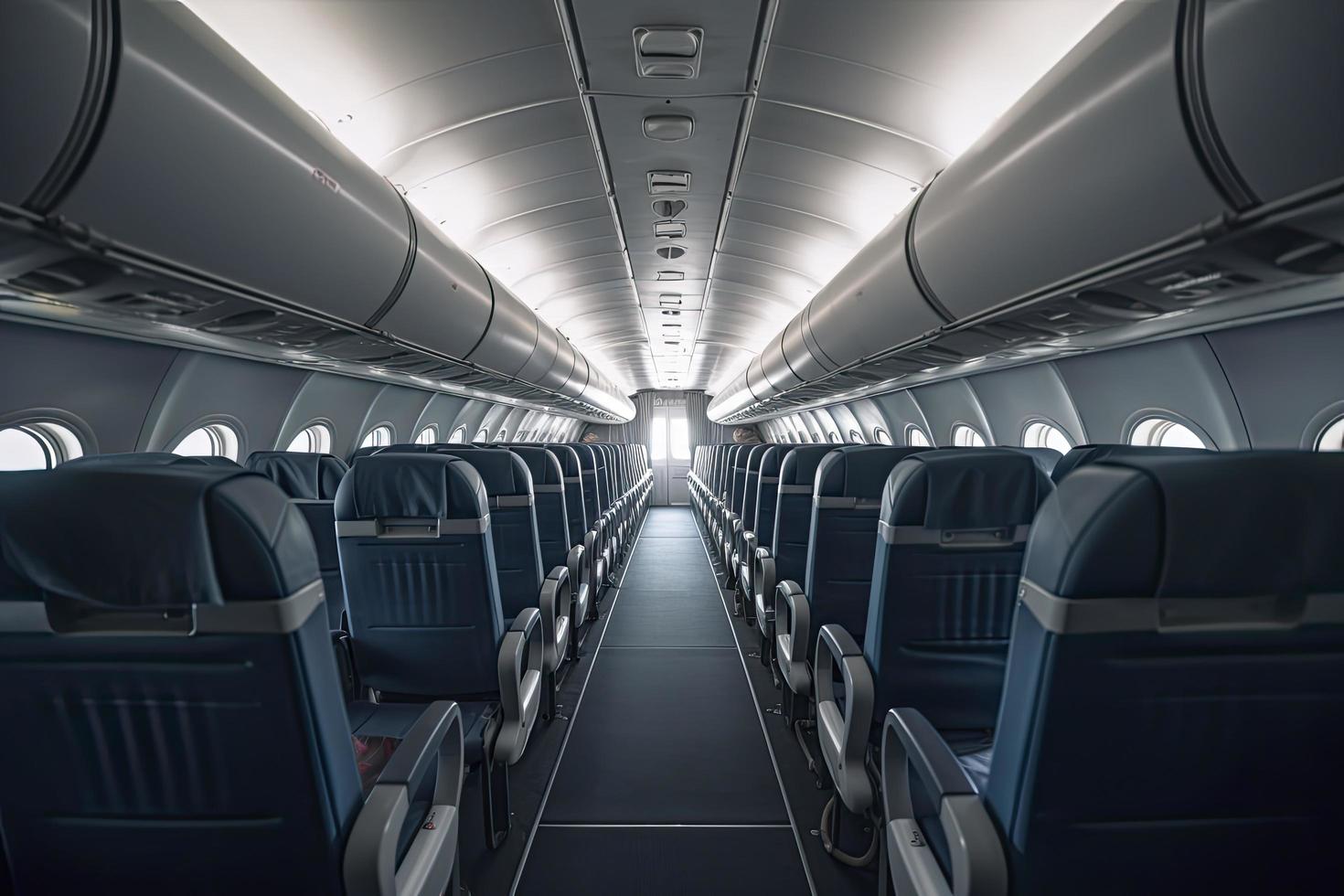 Interior of an airplane cabin with comfortable seats, overhead compartments photo