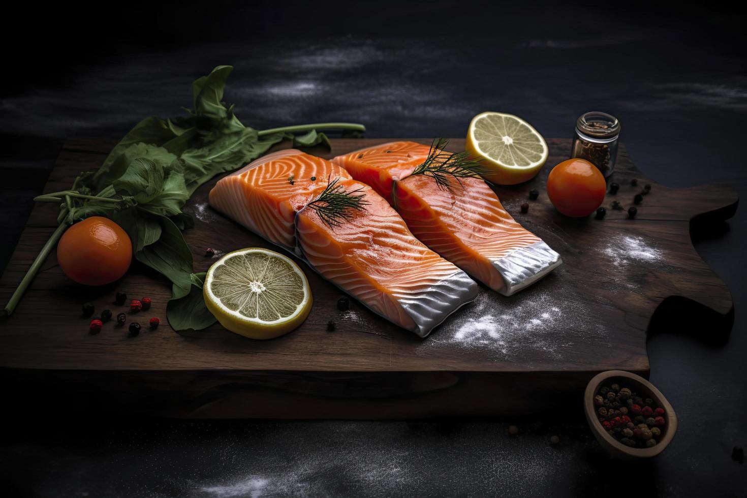 Salmon fish with ingredients at black table photo