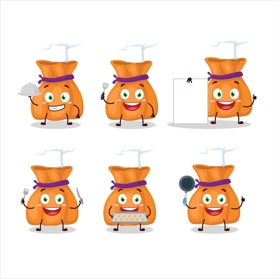 dibujos animados personaje de naranja caramelo saco con varios cocinero emoticones vector