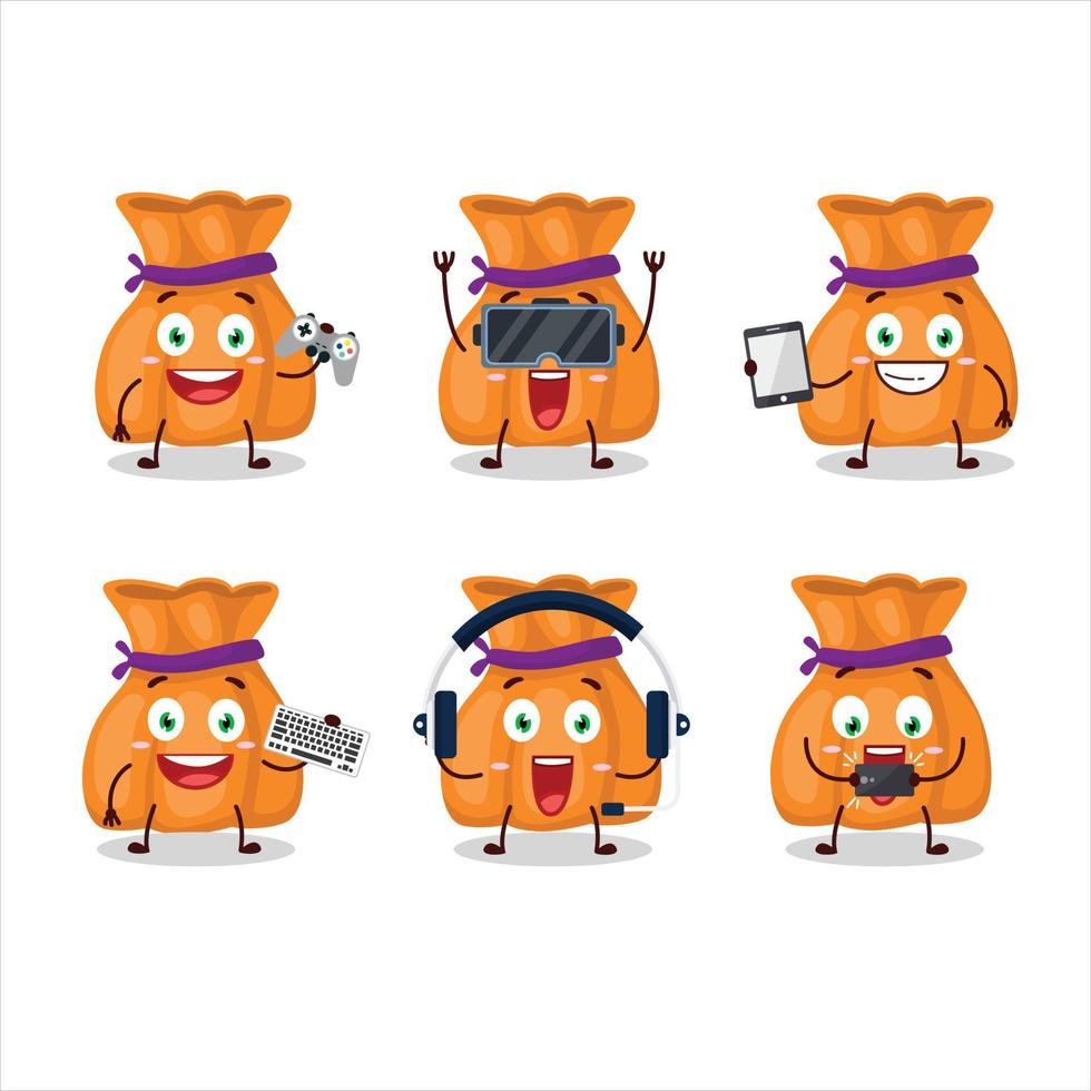 Orange candy sack cartoon character are playing games with various cute emoticons vector