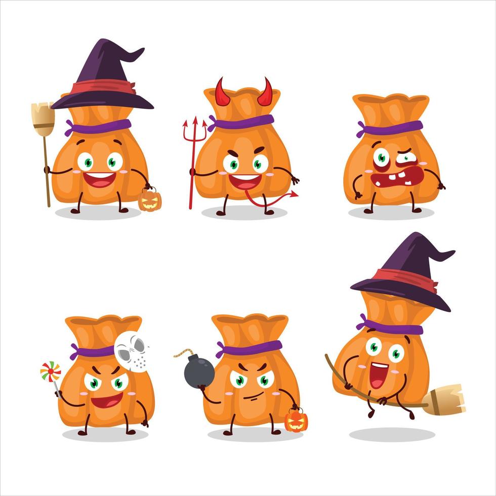 Halloween expression emoticons with cartoon character of orange candy sack vector