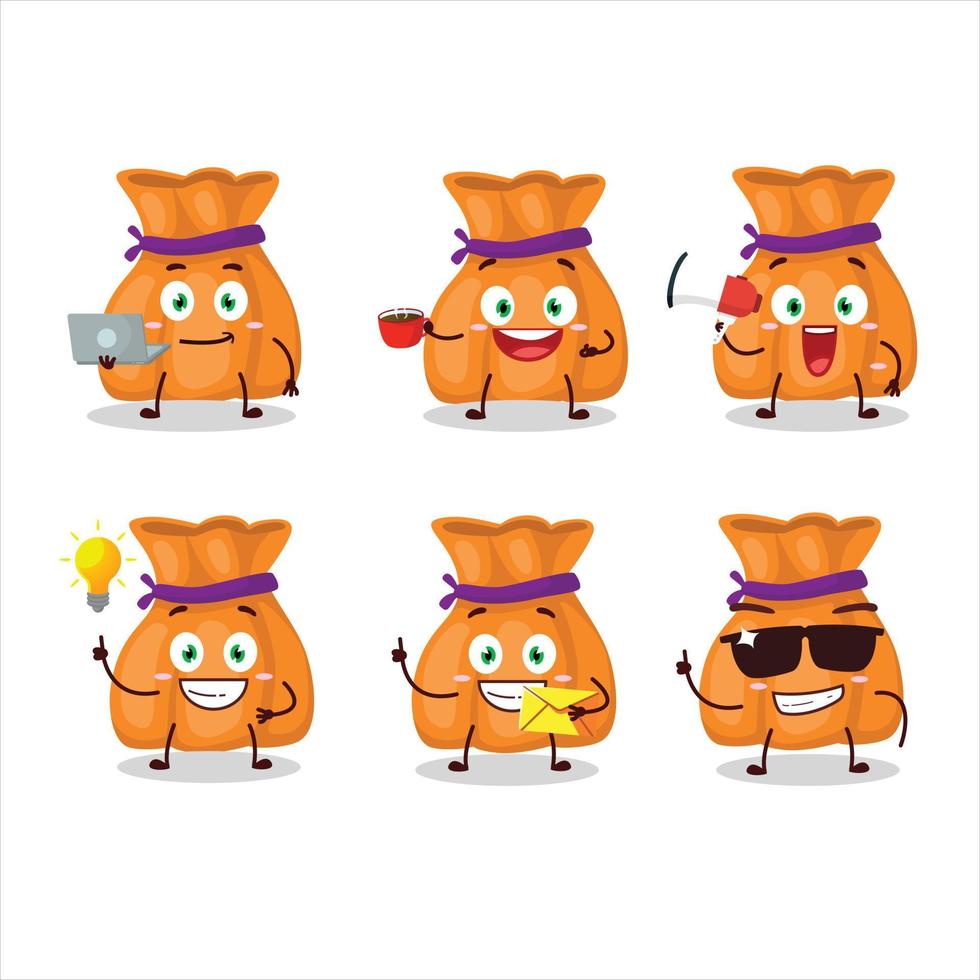 Orange candy sack cartoon character with various types of business emoticons vector