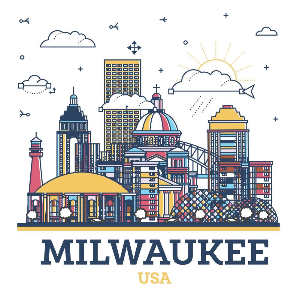 Outline Milwaukee Wisconsin City Skyline with Modern Colored Buildings Isolated on White. Milwaukee USA Cityscape with Landmarks. vector