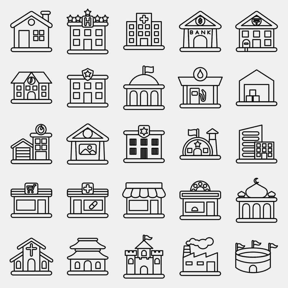 icono conjunto de edificio. edificio elementos. íconos en línea estilo. bueno para huellas dactilares, web, carteles, logo, sitio plan, mapa, infografía, etc. vector