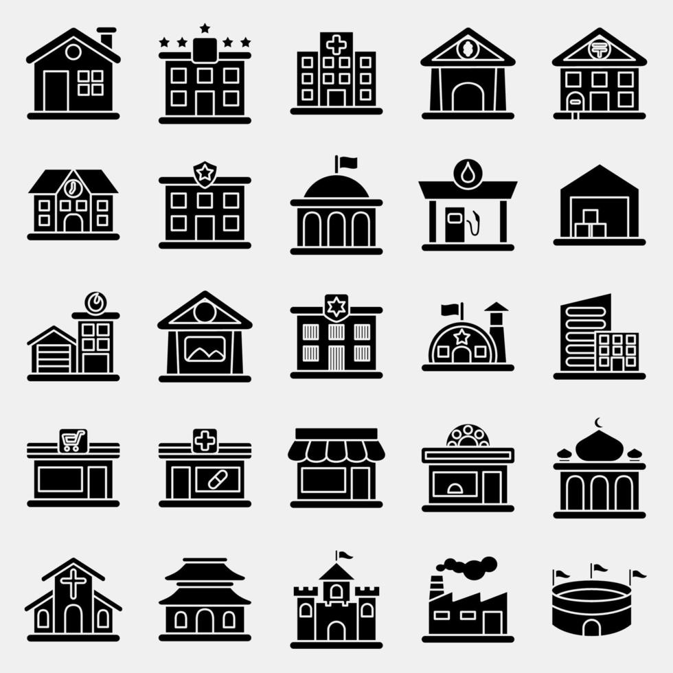 Icon set of building. Building elements. Icons in glyph style. Good for prints, web, posters, logo, site plan, map, infographics, etc. vector