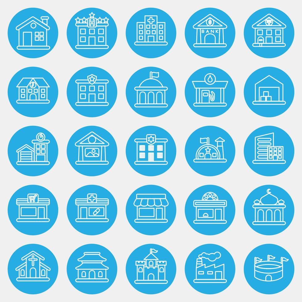 Icon set of building. Building elements. Icons in blue round style. Good for prints, web, posters, logo, site plan, map, infographics, etc. vector