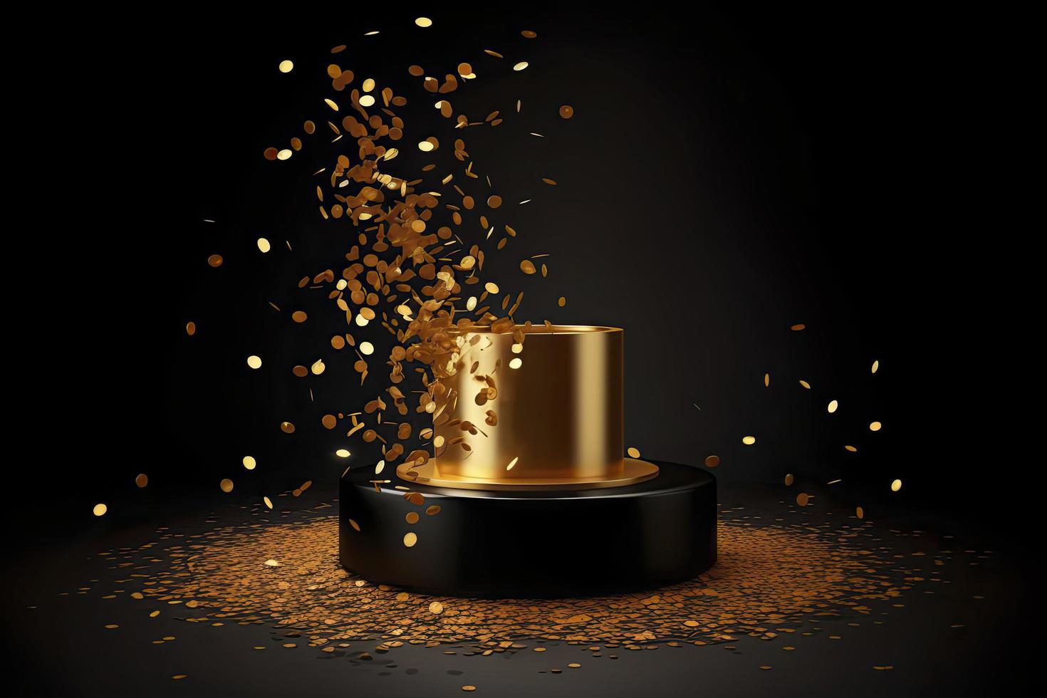 Golden podium with a spotlight on a dark background, falling golden confetti, first place, fame and popularity photo