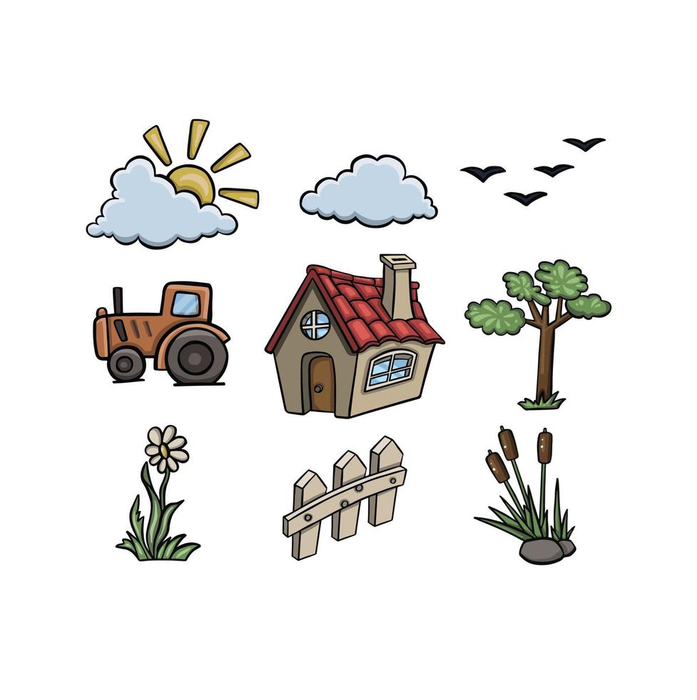 Set of cartoon farm house, duck in the lake, parachute vector color