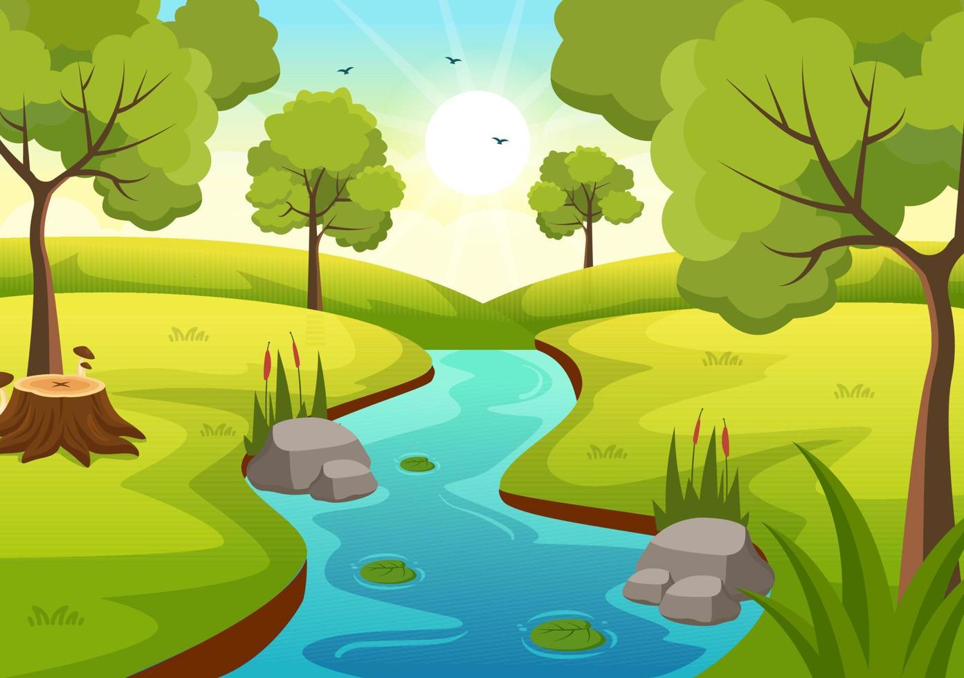 río paisaje ilustración con ver montañas, verde campos, arboles y bosque rodeando el ríos en plano dibujos animados mano dibujado plantillas vector