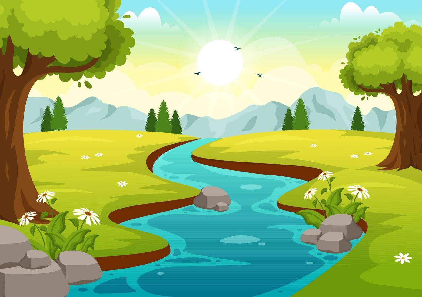 río paisaje ilustración con ver montañas, verde campos, arboles y bosque rodeando el ríos en plano dibujos animados mano dibujado plantillas vector