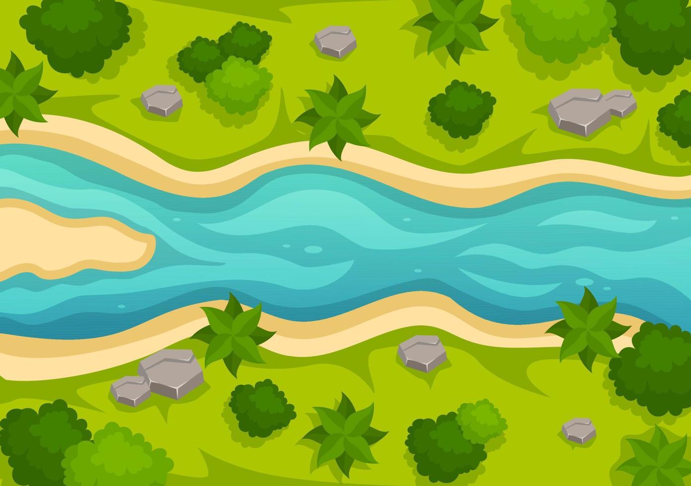 río paisaje ilustración con ver montañas, verde campos, arboles y bosque rodeando el ríos en plano dibujos animados mano dibujado plantillas vector