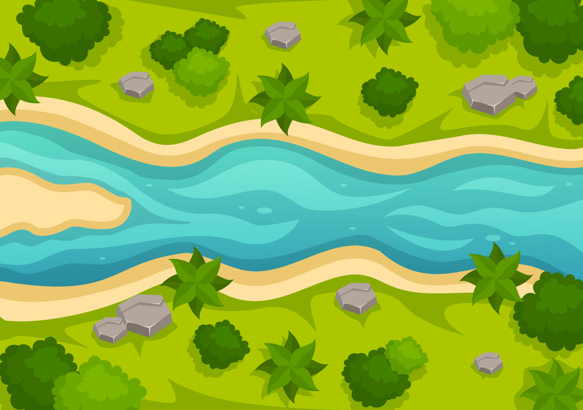 River Landscape Illustration with View Mountains, Green Fields, Trees