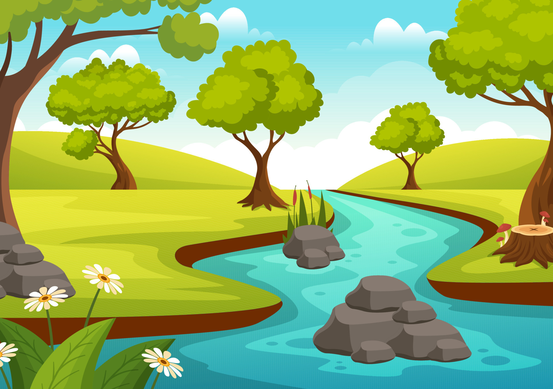 río paisaje ilustración con ver montañas, verde campos, arboles y bosque  rodeando el ríos en plano dibujos animados mano dibujado plantillas  22425735 Vector en Vecteezy