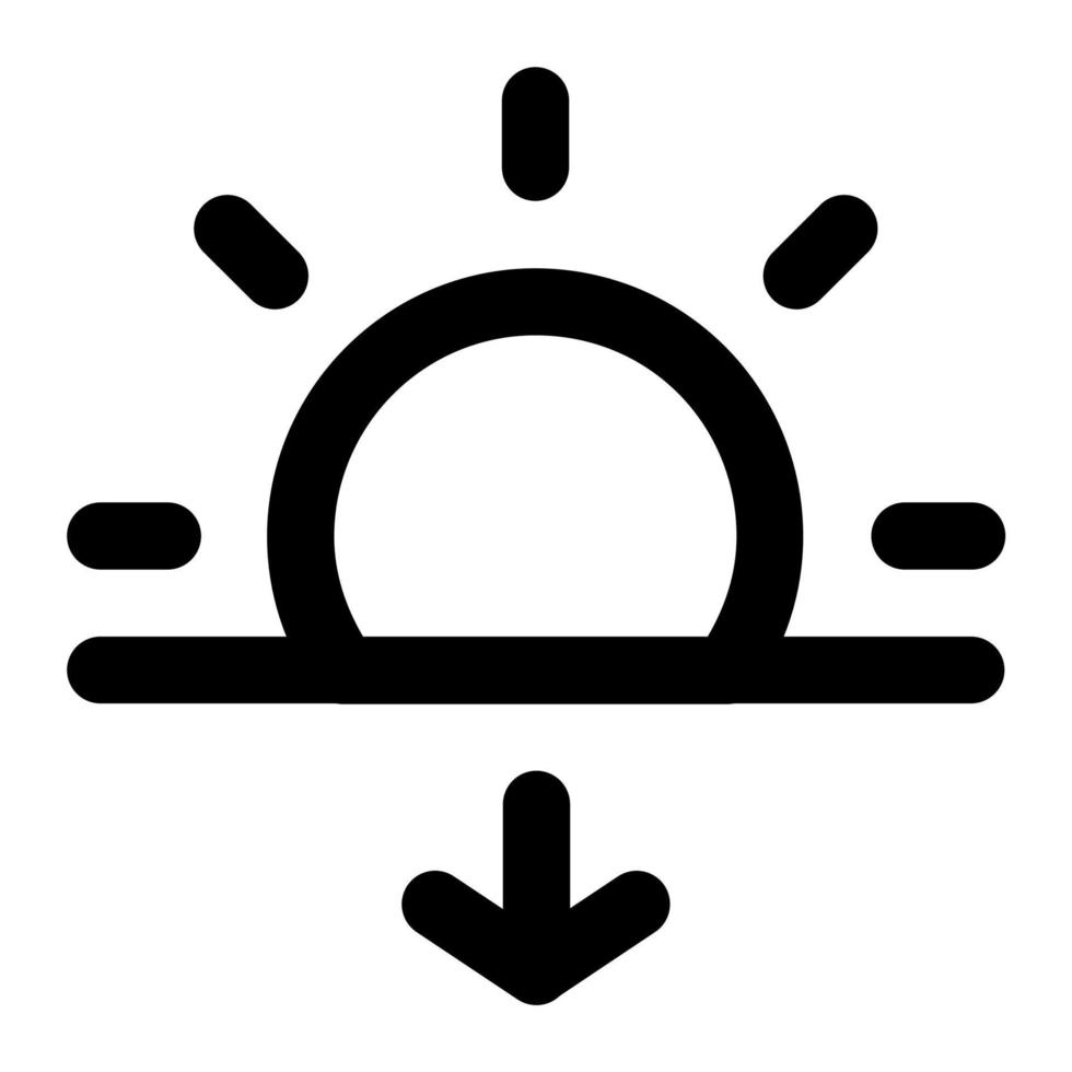 Sun with arrow down in outline icon. Sunset, sunlight, afternoon, evening, summer vector