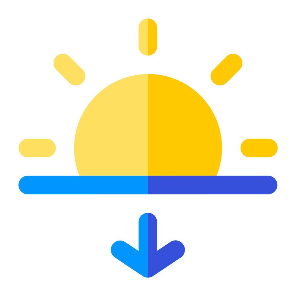 Sun with arrow down in flat icon. Sunset, sunlight, afternoon, evening, summer vector