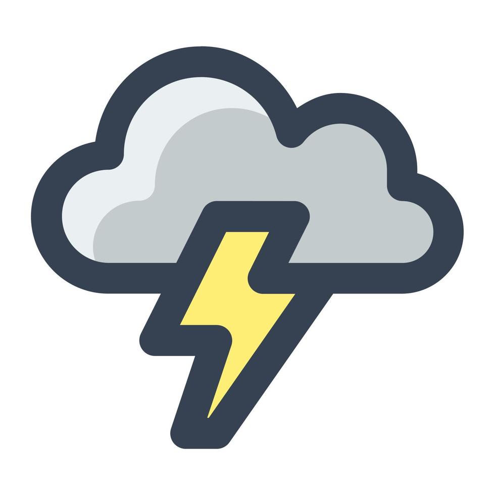 Thunder storm symbol in color filled icon style. Lightning, cloud, weather alert, forecast sign vector