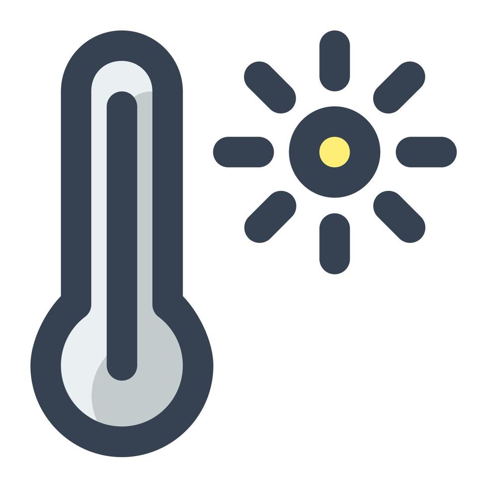 Thermometer with sun in color filled icon. Weather, summer, hot, sunlight, season, warm, fever vector