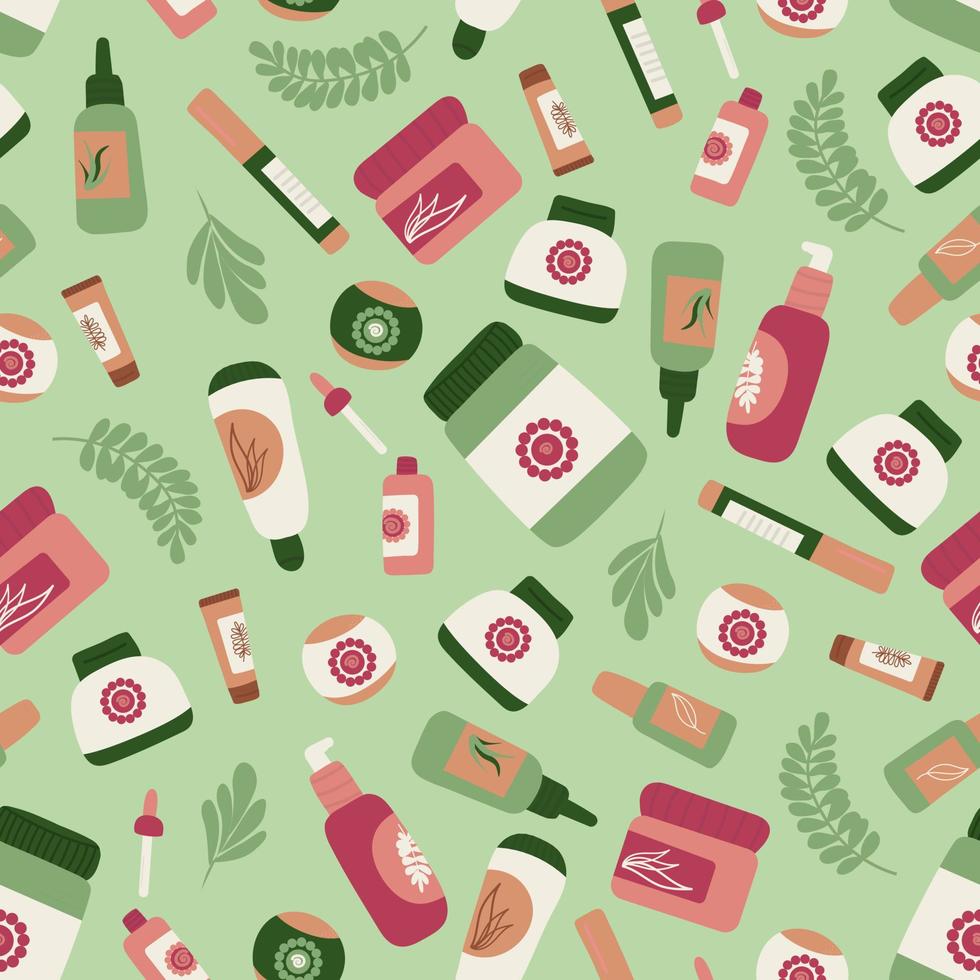 beauty cosmetic products Bundle of organic cosmetics and makeup items in bottles, tubes and jars. Vector illustration