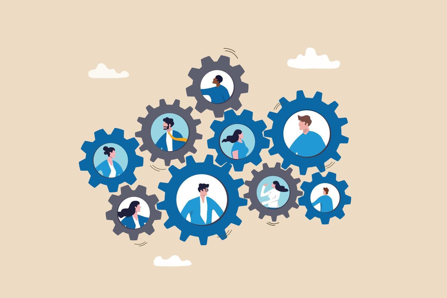 Team or organization, office role or job position or skills to drive company, teamwork or collaboration for success, team effort concept, business people working to rotate connected cogwheels gear. vector