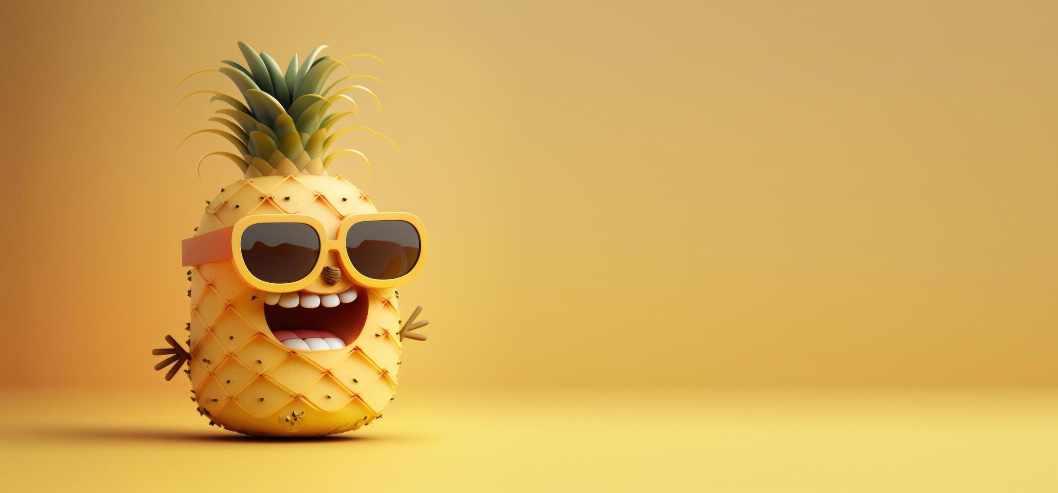 Pineapple with sunglasses on yellow background, Summer vacation concept. photo