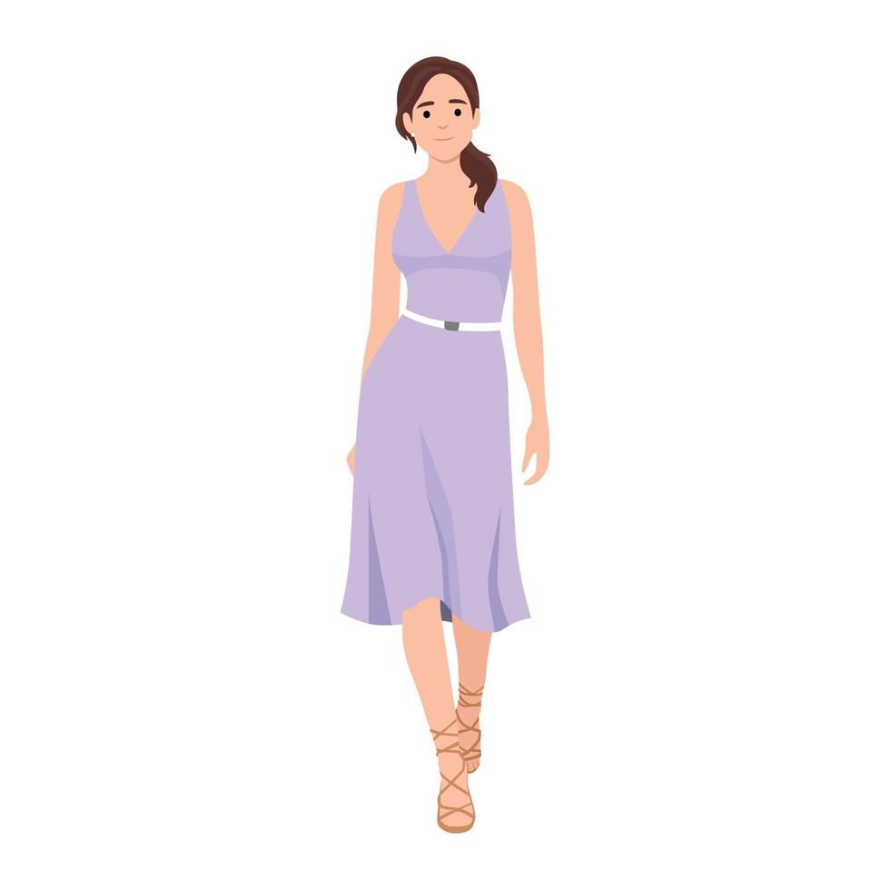 negocio rojo pelo mujer en corto púrpura o lavanda vestir caminando, bajo poligonal aislado vector ilustración, Moda modelo pasadizo, frente vista.
