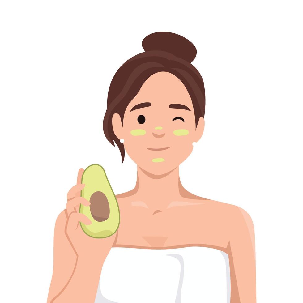 Woman in white towel after getting out of shower or bath recommends using avocado for cosmetic masks. Girl after completion of spa procedures demonstrates fruit that affects beauty vector