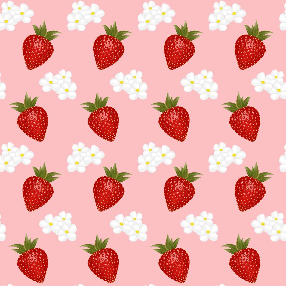 Strawberry with flowers seamless pettern. For sticker and t shirt design, posters, logos, labels, banners, stickers, product packaging design, etc. Vector illustration