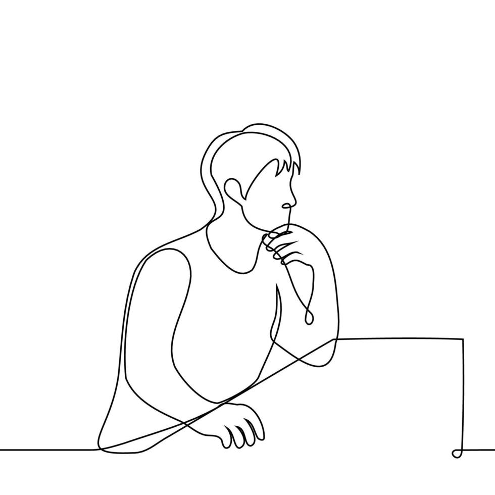 hombre se sienta a un mesa o Sillón apuntalando arriba su barbilla con su mano - uno línea dibujo vector. el concepto de haciendo un elección de bebida o bocadillo en un bar, meditar, idea genial vector