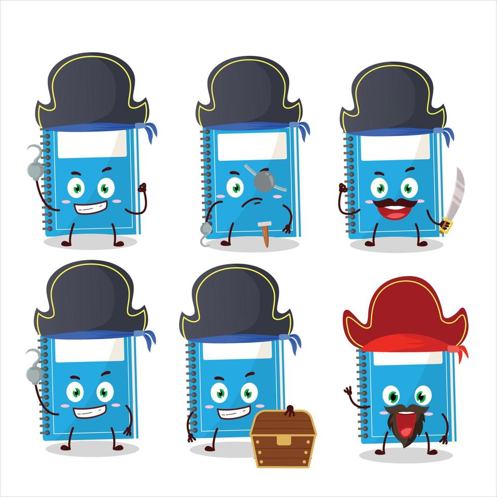 Cartoon character of blue study book with various pirates emoticons vector