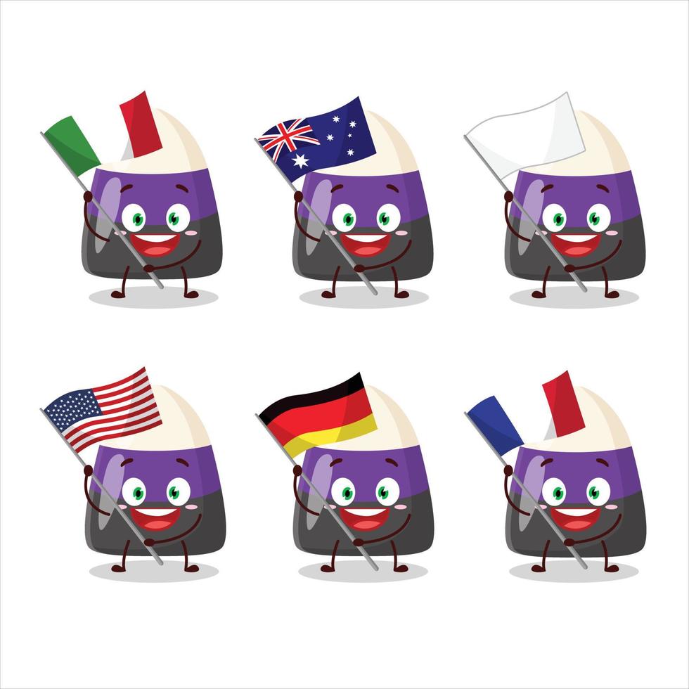 Blue candy corn cartoon character bring the flags of various countries vector