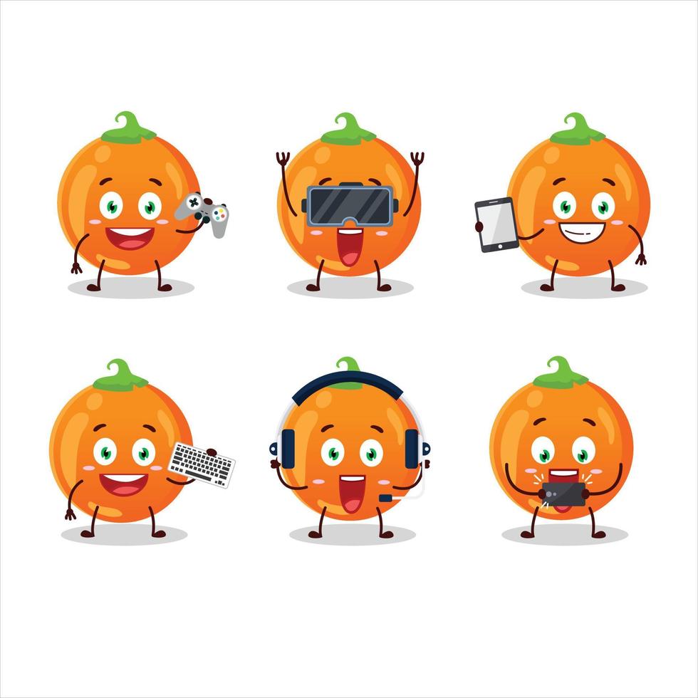 Halloween orange candy cartoon character are playing games with various cute emoticons vector