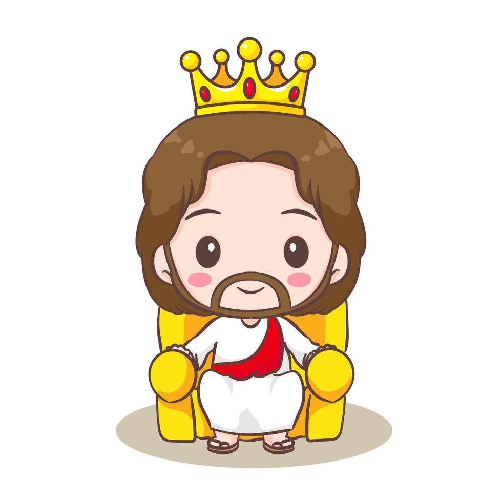 Cute Jesus Christ cartoon character sitting on throne. Christian religion concept design. Hand drawn Chibi character clip art sticker Isolated white background. Vector art illustration