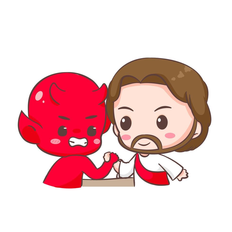 Cute Jesus Christ arm-wrestling with devil cartoon character. Christian religion concept design. Hand drawn Chibi character clip art sticker Isolated white background. Vector art illustration