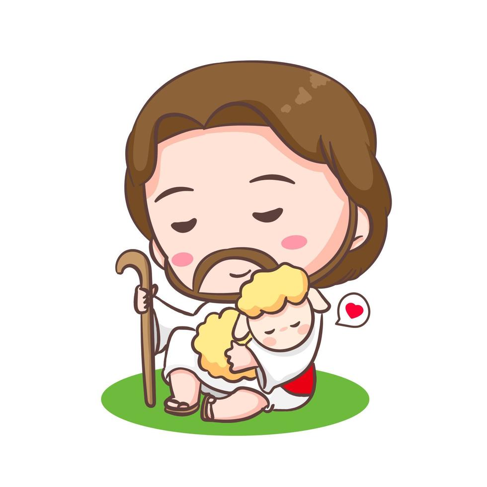 linda Jesús Cristo y el dormido lámpara oveja dibujos animados personaje. cristiano religión concepto diseño. mano dibujado chibi personaje acortar Arte pegatina aislado blanco antecedentes. vector Arte ilustración