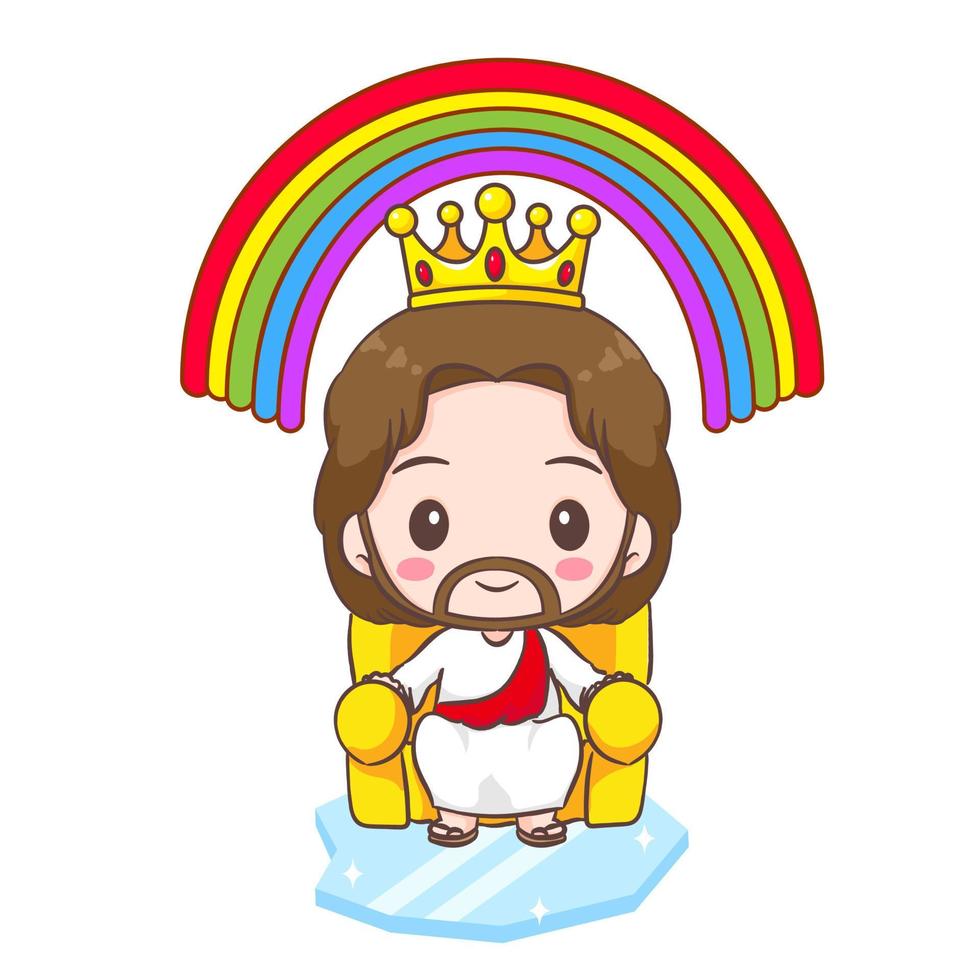 Cute Jesus Christ cartoon character sitting on throne and crystal with rainbow. Christian religion concept design. Hand drawn Chibi clip art sticker Isolated white background. Vector art illustration