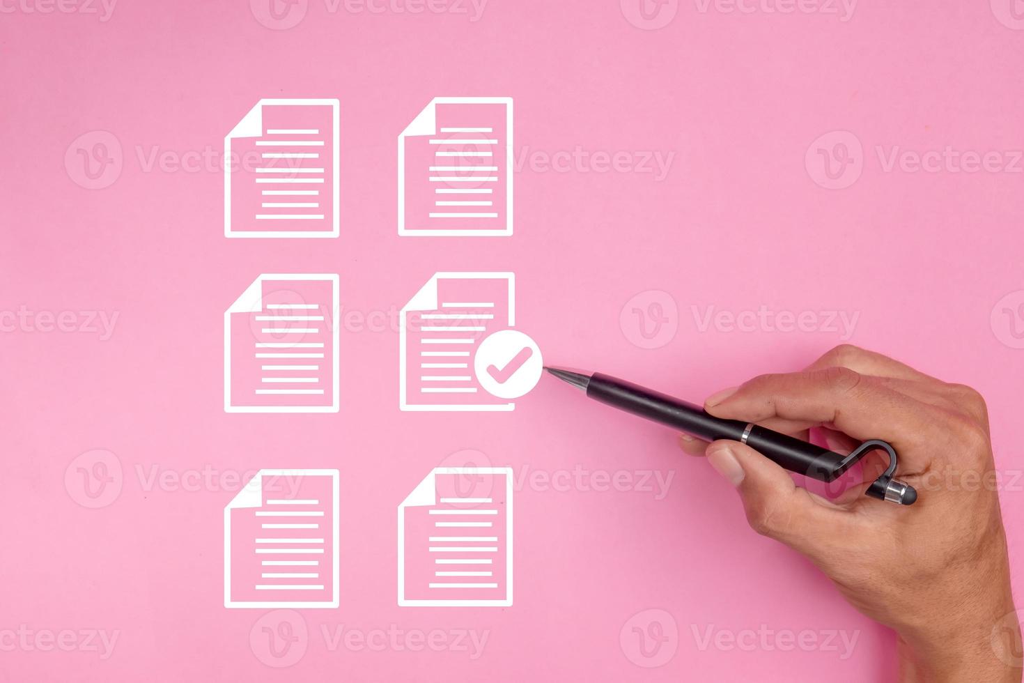 Businessman touching document checklist icon. Search and manage document database files. Document management system concept. photo