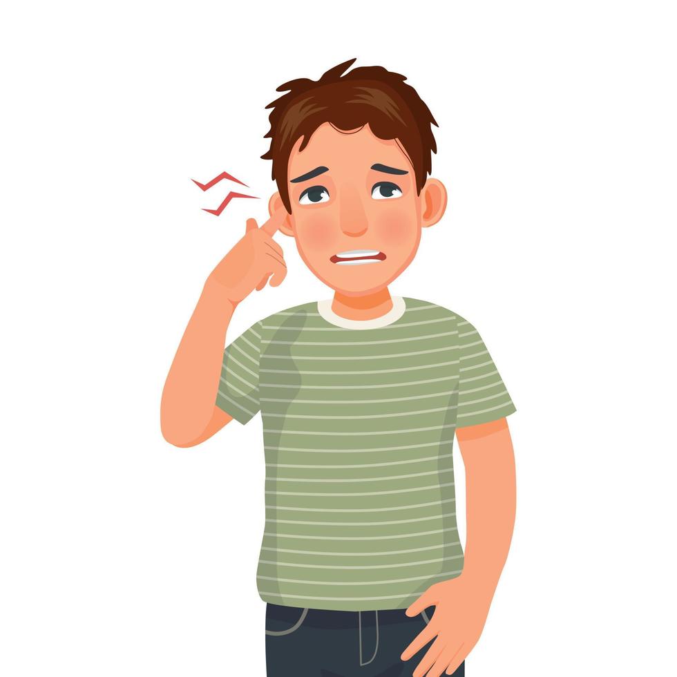 Young man suffer from earache or hearing difficulty because of ear infections or injury vector