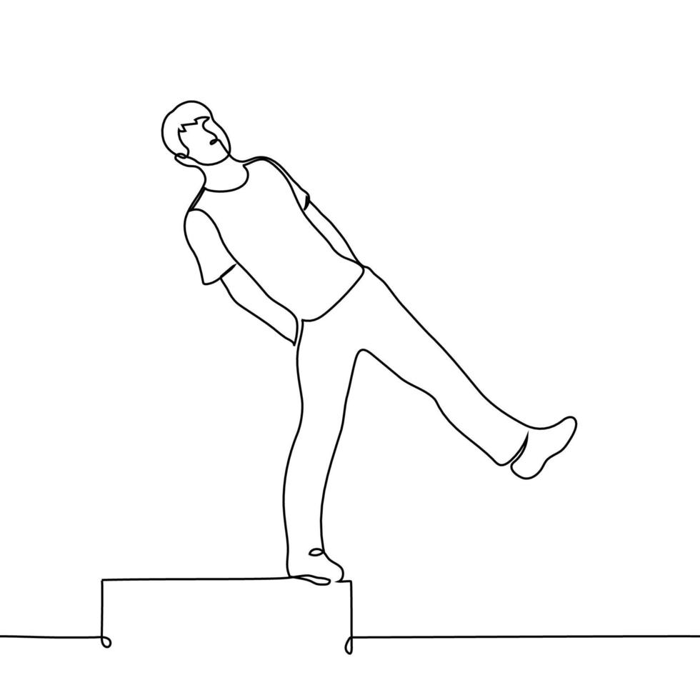 hombre soportes en el borde de el abismo con manos en bolsillos acerca de a paso - uno línea dibujo vector. el concepto a paso dentro el abismo, a hacer un imprudente acción vector