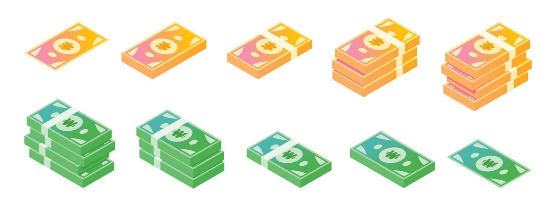 Korean Won Banknote Isometric Icon Set vector