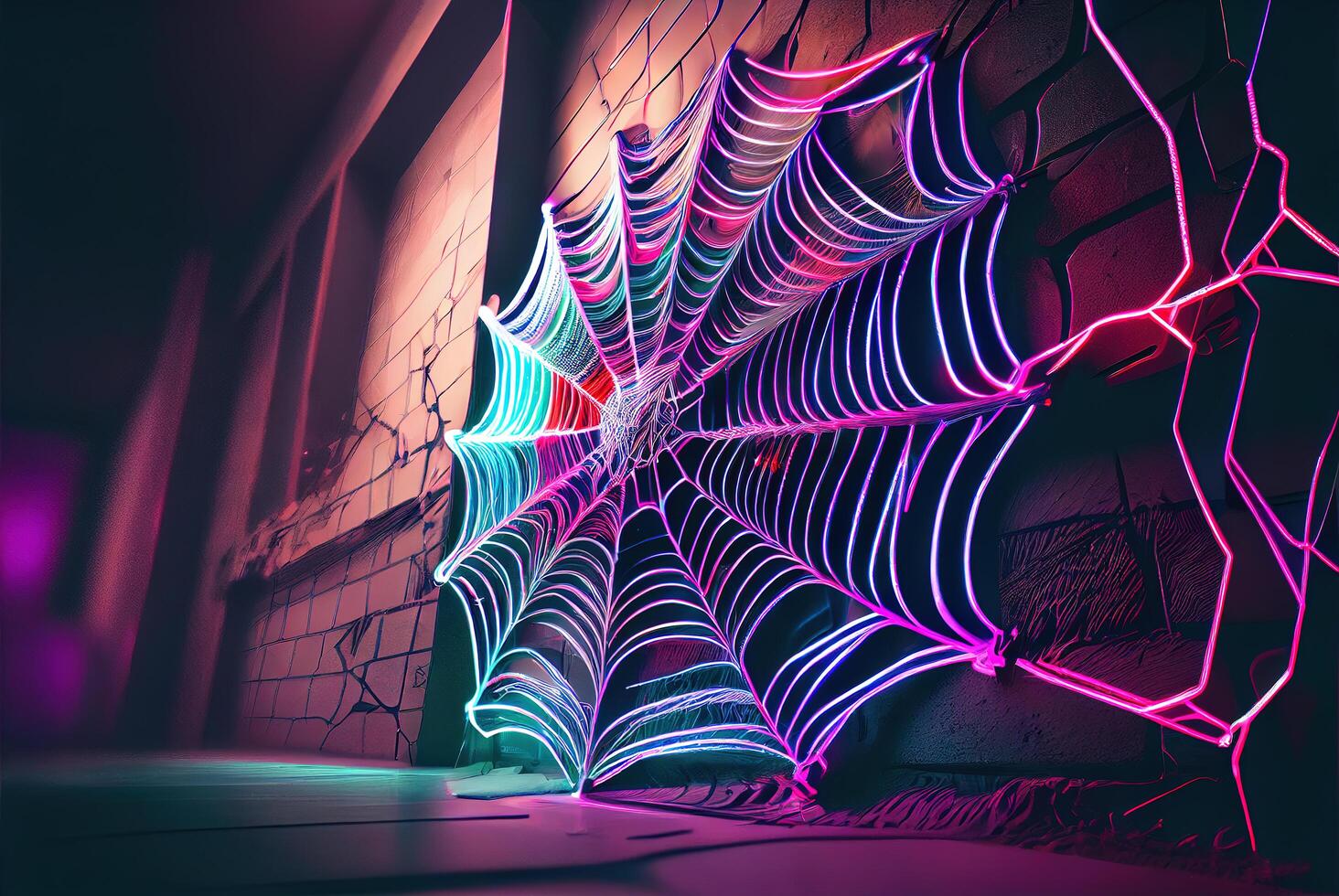 Brick wall with colored neon cobwebs on an empty street at night. photo