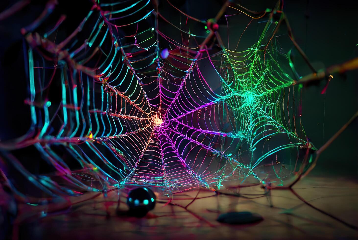 Bright neon glowing spider web. Futuristic digital art. photo