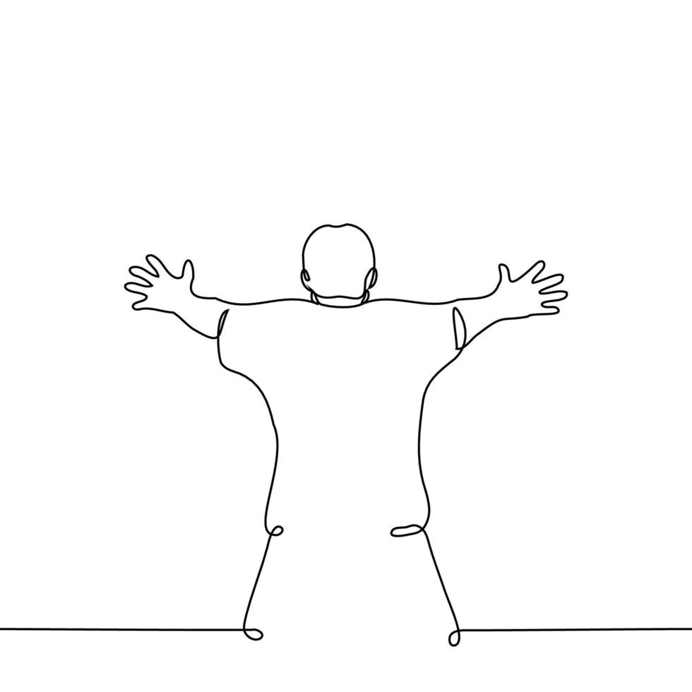 man stands with his back to the viewer, crouching a little, putting his hands forward in front of him, trying to stop something or someone - one line drawing vector. stop the concept vector