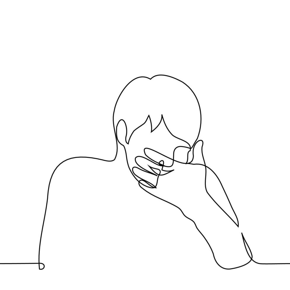 man laughing covering his mouth with his hand - one line drawing vector. concept inappropriate laughter, giggling vector