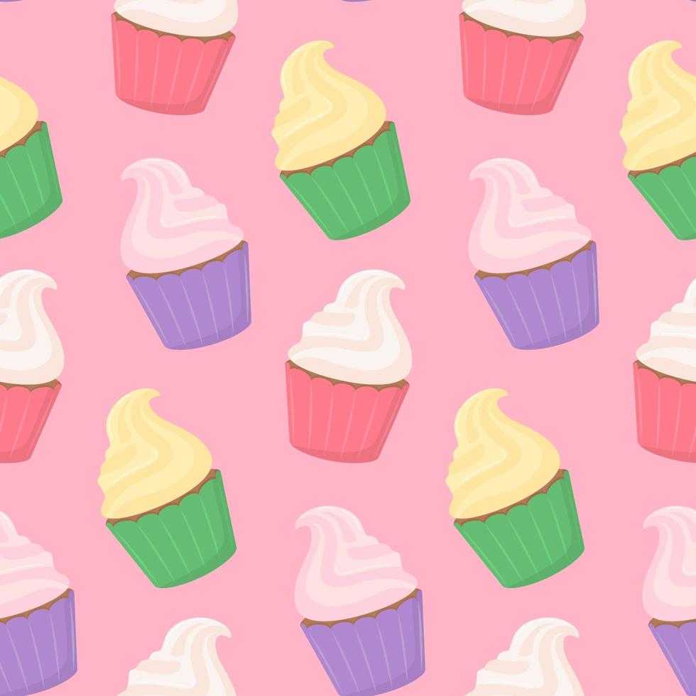 Seamless pattern of sweet multi-colored delicious cupcakes with cream on a light pink background. Vector illustration of a dessert in a flat style.