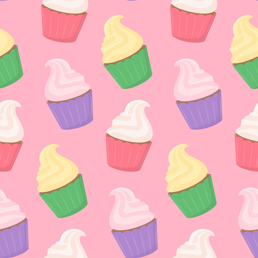 Seamless pattern of sweet multi-colored delicious cupcakes with cream on a light pink background. Vector illustration of a dessert in a flat style.