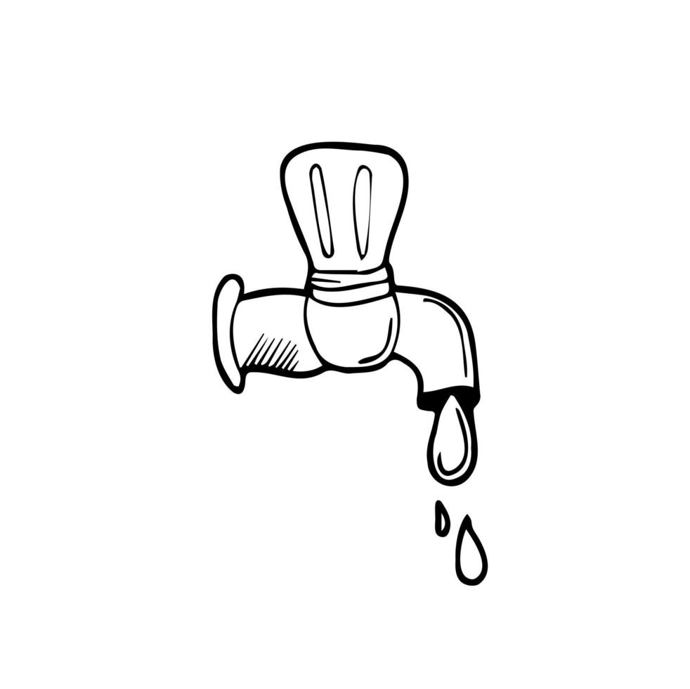faucet and water cartoon vector and illustration, black and white, hand drawn, sketch style, isolated on white background.